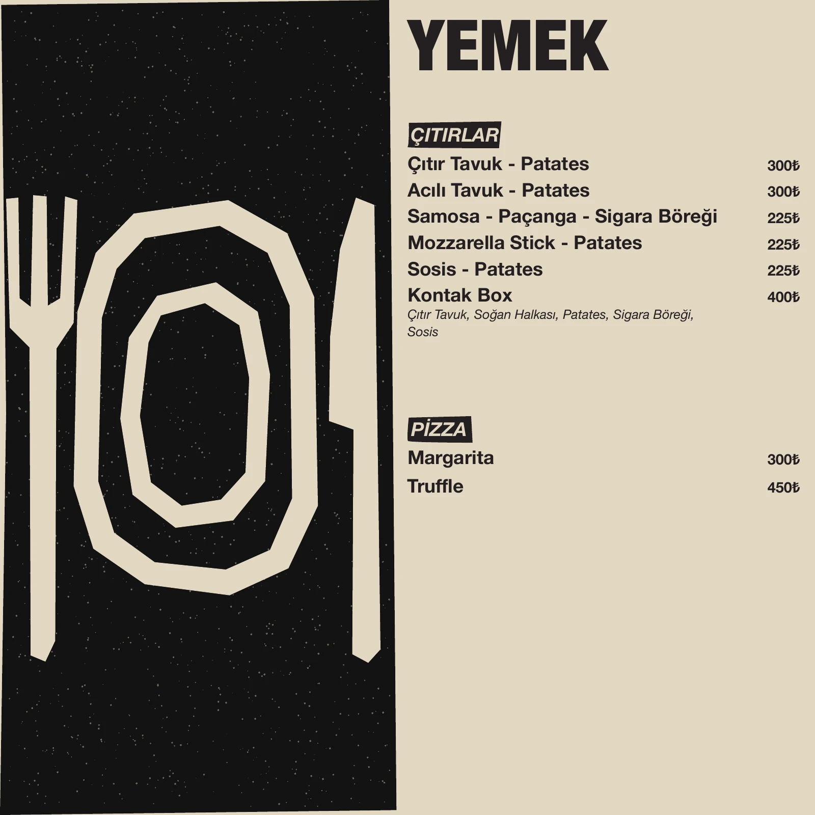 Yemek menüsü: çıtırlar ve pizza